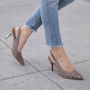Chico’s “Christine” Studded Slingback Heels Size 9 Taupe Suede Pointed Toe Pumps